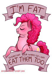 Size: 500x706 | Tagged: safe, artist:ambar-flores, edit, pinkie pie, g4, eating, fat, female, mouthpiece, old banner, parody, solo, tumblr