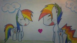 Size: 1191x670 | Tagged: safe, artist:macroscopicponies, rainbow dash, g4, blushing, derp clouds, female, heart, laughing, male, rainbow blitz, rule 63, self ponidox, selfcest, ship:dashblitz, shipping, straight, traditional art