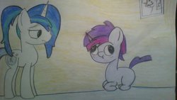 Size: 1024x576 | Tagged: safe, artist:macroscopicponies, shining armor, twilight sparkle, g4, derp, dusk shine, gleaming shield, rule 63, traditional art, unamused