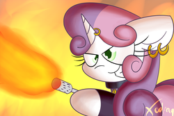 Size: 1500x1000 | Tagged: safe, artist:xodiaq, sweetie belle, g4, female, fire, flamethrower, meanie belle, pyro belle, solo, weapon