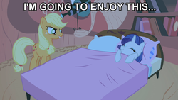 Size: 1280x720 | Tagged: safe, edit, edited screencap, screencap, applejack, rarity, earth pony, pony, unicorn, g4, look before you sleep, bed, female, golden oaks library, image macro, imminent rape, mare, meme, sleeping, text