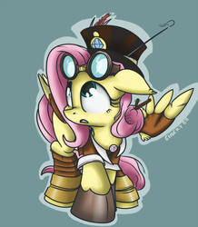 Size: 783x900 | Tagged: safe, artist:mistydash, fluttershy, g4, clothes, female, goggles, hat, looking up, simple background, solo, steampunk, top hat