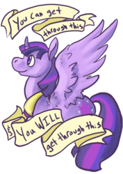 Size: 636x900 | Tagged: safe, artist:asofterbucky, twilight sparkle, alicorn, pony, g4, curved horn, female, fluffy, horn, mare, mouthpiece, old banner, positive message, positive ponies, profile, smiling, solo, spread wings, twilight sparkle (alicorn)