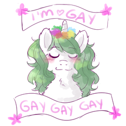 Size: 1280x1280 | Tagged: safe, artist:missmagikarp, oc, oc only, oc:bedhead, pony, unicorn, eyes closed, gay, male, old banner, parody, simple background, smiling, solo, white background