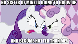 Size: 992x558 | Tagged: safe, edit, edited screencap, screencap, rarity, sweetie belle, pony, unicorn, g4, sisterhooves social, angry, duo, duo female, female, filly, foal, horn, image macro, looking at each other, looking at someone, mare, meme, open mouth, siblings, sisters