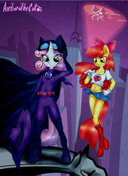 Size: 2550x3507 | Tagged: safe, artist:anibaruthecat, apple bloom, mare do well, sweetie belle, earth pony, unicorn, anthro, g4, batgirl, batmare, belly button, bow, clothes, female, frilly underwear, gotham city, hair bow, high res, midriff, panties, skirt, superfilly, supergirl, superhero, sweetie do well, underwear, upskirt, yellow underwear