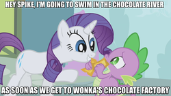 Size: 717x403 | Tagged: safe, edit, edited screencap, screencap, rarity, spike, dragon, pony, unicorn, g4, season 1, the ticket master, charlie and the chocolate factory, chocolate river, duo, gala ticket, golden ticket, image macro, meme, off model, out of character, roald dahl, ticket, willy wonka and the chocolate factory