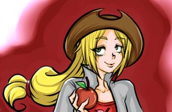 Size: 2424x1578 | Tagged: safe, artist:194286, applejack, human, g4, apple, female, humanized, pixiv, solo