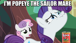 Size: 628x360 | Tagged: safe, edit, edited screencap, screencap, rarity, sweetie belle, pony, unicorn, g4, season 2, sisterhooves social, female, filly, foal, image macro, mare, meme, popeye, rareye the sailormare, spinach