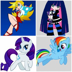 Size: 960x960 | Tagged: safe, rainbow dash, rarity, angel, pegasus, pony, unicorn, g4, anarchy panty, anarchy stocking, anime, collage, comparison, girly girl, gun, honekoneko, panty and stocking with garterbelt, stock vector, tomboy, weapon