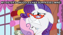 Size: 755x425 | Tagged: safe, rarity, sweetie belle, g4, carousel boutique, eyes closed, floppy ears, frown, glasses, gritted teeth, hug, image macro, imma snuggle you, meme, rarity's glasses, smiling