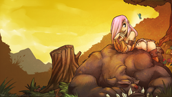 Size: 1920x1080 | Tagged: safe, artist:atryl, fluttershy, bear, human, g4, animal, boots, clothes, fantasy class, female, hair over one eye, humanized, quest for harmony, shoes, wallpaper