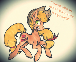 Size: 1280x1038 | Tagged: safe, artist:wirelesspony, applejack, g4, asklyingapplejack, female, liarjack, lying, solo, traditional art