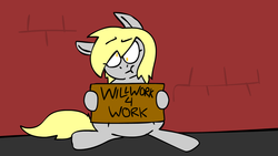 Size: 1280x720 | Tagged: safe, artist:darksketcharchive, derpy hooves, pegasus, pony, g4, female, mare, out of work derpy, sign, solo, unemployment, will x for y
