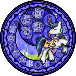 Size: 2600x2598 | Tagged: safe, artist:akili-amethyst, night light, princess cadance, shining armor, twilight sparkle, twilight velvet, g4, armor, disney, dive to the heart, eyes closed, helmet, high res, kingdom hearts, spear, stained glass