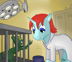 Size: 1235x1073 | Tagged: source needed, safe, artist:alex, chimera, fallout equestria, cage, clothes, coat, cup, doctor, lamp, looking down, standing