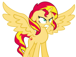 Size: 1765x1312 | Tagged: safe, artist:mighty355, sunset shimmer, alicorn, pony, equestria girls, g4, twilight's kingdom, alicornified, angry, ears back, female, glare, gritted teeth, race swap, shimmercorn, simple background, solo, spread wings, standing, transparent background, vector, wings