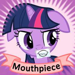 Size: 1024x1024 | Tagged: safe, artist:dtkraus, twilight sparkle, derpibooru, g4, annoyed, female, floppy ears, frown, lined paper, meta, mouthpiece, official spoiler image, old banner, solo, spoilered image joke