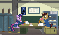 Size: 3500x2100 | Tagged: safe, artist:a4r91n, twilight sparkle, oc, oc:rivet gear, alicorn, pony, g4, beer, bored, card, clothes, coat, female, high res, mare, playing card, poster, radio, sitting, twilight sparkle (alicorn)