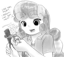 Size: 947x844 | Tagged: safe, artist:alloyrabbit, rarity, sweetie belle, human, equestria girls, g4, human ponidox, i really like her mane, macro, micro, monochrome