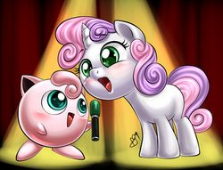 Size: 700x534 | Tagged: safe, artist:pia-sama, sweetie belle, jigglypuff, g4, blushing, crossover, cute, diasweetes, duo, microphone, open mouth, pokémon, singing, smiling, spotlight, this will end in sleeping, this will end in tears