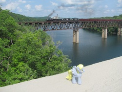 Size: 1460x1095 | Tagged: safe, photographer:boilerwash, derpy hooves, pegasus, pony, equestria daily, g4, 2-8-0 consolidation, alco ks1 consolidation, auxiliary tender, blind bag, bridge, burnside, burnside kentucky, cumberland river, diesel locomotive, female, irl, kentucky, locomotive, mare, norfolk southern, photo, ponies around the world, ponies in real life, river, sou 630, southern 630, southern railroad, steam locomotive, toy, train