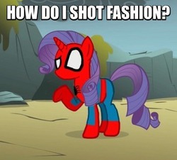 Size: 374x337 | Tagged: safe, rarity, pony, unicorn, g4, female, how do i shot web, image macro, male, meme, solo, spider-man, spiderponyrarity, that pony sure does love fashion