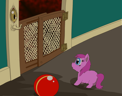 Size: 1339x1053 | Tagged: safe, artist:fluffsplosion, fluffy pony, ball, latch, monster, saferoom, solo, weirdbox