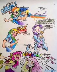 Size: 1536x1924 | Tagged: safe, artist:awesomepiefive, angel bunny, fluttershy, pinkie pie, rainbow dash, rarity, soarin', human, g4, rainbow falls, humanized, jetpack, scene interpretation, traditional art