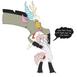 Size: 894x894 | Tagged: safe, artist:9centschange, discord, pony, g4, bipedal, don't hug me i'm scared, equestria is doomed, female, grin, hoof hold, implied vore, male, mare, notepad (dhmis), open mouth, ponified, sharp teeth, smiling, this will end in tears and/or death, tongue out, wide eyes, xk-class end-of-the-world scenario