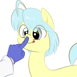 Size: 1000x1000 | Tagged: safe, artist:khorme, oc, oc only, oc:ultramare, earth pony, pony, ask, boop, clothes, cute, disembodied hand, gloves, hand, nose wrinkle, open mouth, simple background, smiling, tumblr