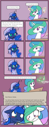 Size: 1000x2600 | Tagged: safe, artist:valcron, princess celestia, princess luna, alicorn, pony, g4, journal of the two sisters, :<, blushing, clothes, colored pupils, comic, cute, female, floppy ears, frown, hat, implied celestibra, implied king sombra, implied lumbra, implied shipping, implied straight, implied twilight sparkle, magic, male, nightcap, open mouth, pajamas, scroll, smiling, telekinesis, wide eyes