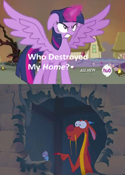 Size: 427x600 | Tagged: safe, twilight sparkle, alicorn, cricket (insect), dragon, eastern dragon, insect, pony, g4, my little pony: friendship is magic, twilight's kingdom, cri-kee, exploitable meme, female, golden oaks library, hub logo, hubble, mare, meme, mulan, mushu, twilight sparkle (alicorn), who destroyed twilight's home