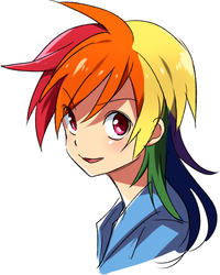 Size: 459x575 | Tagged: safe, artist:re_ghotion, rainbow dash, human, g4, female, humanized, looking at you, open mouth, portrait, smiling, solo