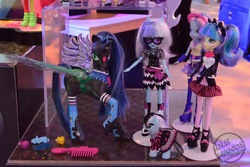 Size: 500x333 | Tagged: safe, photo finish, pixel pizazz, queen chrysalis, sapphire shores, violet blurr, earth pony, pony, equestria girls, g4, clothes, electronic toy, irl, monster high, photo, ponymania, socks, toy, toy fair, toy fair 2014