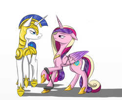 Size: 1024x838 | Tagged: safe, artist:kitsunehebi, princess cadance, g4, bound wings, chains, cuffs, eye contact, floppy ears, frown, glare, raised hoof, royal guard, unamused