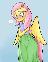 Size: 1006x1280 | Tagged: safe, artist:basketgardevoir, fluttershy, anthro, g4, ambiguous facial structure, ask, blushing, clothes, embarrassed, female, flattershy, floppy ears, flutterbutt, grin, looking down, nervous, shy, skirt, smiling, solo, spread wings, sweat, tumblr, wide eyes