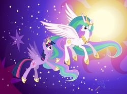 Size: 3058x2262 | Tagged: safe, artist:pencilswirls, princess celestia, twilight sparkle, alicorn, pony, g4, female, flying, flying lesson, high res, mare, twilight sparkle (alicorn)