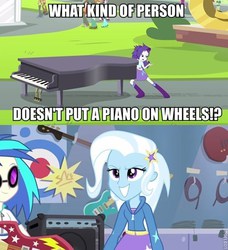 Size: 500x548 | Tagged: safe, dj pon-3, rarity, trixie, vinyl scratch, equestria girls, g4, guitar centered, my little pony equestria girls: rainbow rocks, player piano, boots, clothes, guitar, hoodie, image macro, meme, musical instrument, piano, shoes, wheel