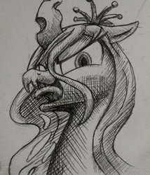 Size: 1024x1195 | Tagged: dead source, safe, artist:dynamiclines, queen chrysalis, changeling, changeling queen, g4, crown, female, jewelry, monochrome, regalia, solo, traditional art