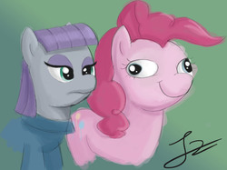 Size: 2646x1983 | Tagged: safe, artist:jayzonsketch, maud pie, pinkie pie, earth pony, pony, g4, maud pie (episode), :t, derp, female, gradient background, mare, scene interpretation, smiling, wat