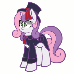 Size: 1600x1600 | Tagged: safe, artist:scramjet747, sweetie belle, pony, g4, animated, bouncing, clothes, cute, diasweetes, eyes closed, female, frock coat, happy, hat, smiling, solo, suit, tailcoat, top hat