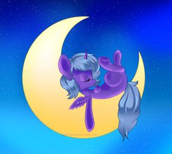 Size: 942x848 | Tagged: safe, artist:rue-willings, princess luna, g4, crescent moon, female, filly, moon, sleeping, solo, tangible heavenly object, transparent moon, woona