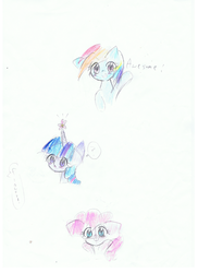 Size: 1700x2338 | Tagged: safe, artist:kuronekofafa1, pinkie pie, rainbow dash, twilight sparkle, g4, :o, blushing, confused, flower, looking at you, pixiv, question mark, smiling, traditional art