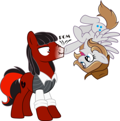 Size: 2590x2625 | Tagged: safe, artist:daydreamsyndrom, oc, oc only, oc:florid, earth pony, pegasus, pony, boop, duo, flying, freckles, high res, nose wrinkle, open mouth, red and black oc, scrunchy face, smiling, spread wings, upside down, wide eyes