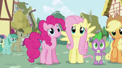 Size: 1280x720 | Tagged: safe, screencap, applejack, blue october, blueberry muffin, bon bon, cloud kicker, doctor whooves, fluttershy, high spirits, meadow song, pinkie pie, rainbow dash, rarity, roseluck, spike, spring melody, sprinkle medley, sweetie drops, time turner, earth pony, pegasus, pony, unicorn, friendship is magic, g4, animated, female, looking at you, mare