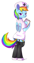Size: 876x1585 | Tagged: dead source, safe, artist:sion, rainbow dash, pegasus, pony, semi-anthro, g4, bipedal, butt, clipboard, clothes, female, garter belt, garters, hairclip, hat, looking at you, looking back, mare, nurse, nurse hat, plot, signature, simple background, solo, stockings, thigh highs, white background