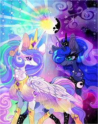 Size: 600x760 | Tagged: dead source, safe, artist:suippumato, princess celestia, princess luna, alicorn, pony, g4, duality, female, mare, royal sisters, siblings, sisters