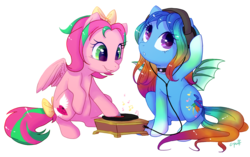 Size: 1112x697 | Tagged: safe, artist:c-puff, oc, oc only, oc:precious metal, oc:sweet paradise, headphones, turntable