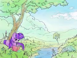 Size: 1200x900 | Tagged: safe, artist:viwrastupr, twilight sparkle, pony, unicorn, g4, book, female, lying down, reading, river, scenery, smiling, solo, tree, under the tree, unicorn twilight